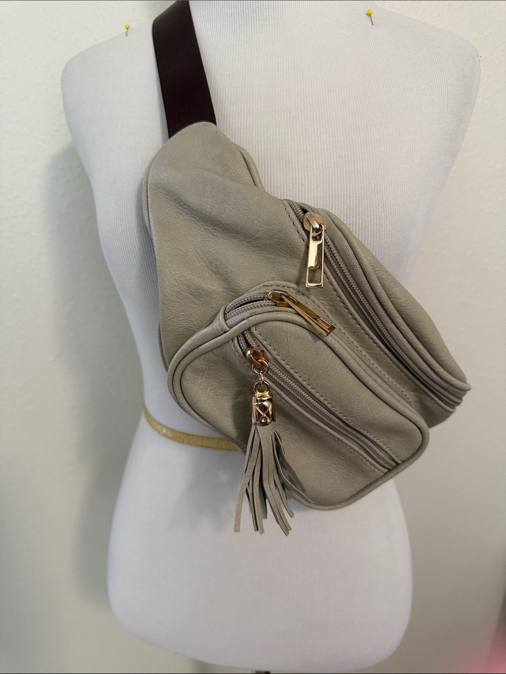 Neutral tan faux leather Crossbody Sling Bag with Tassel